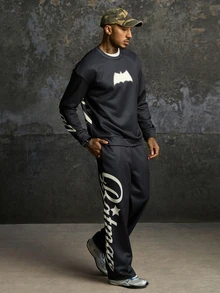 BATMAN X SHEIN Men's Crew Neck Long Sleeve Pullover Sweatshirt And Letter Print Contrast Color Long Pants Set - Black - View 1