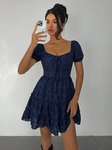 Siren Gaze Gaun Mini Bordir Tenun Wanita, Gaun Peri - Navy Blue - View 5