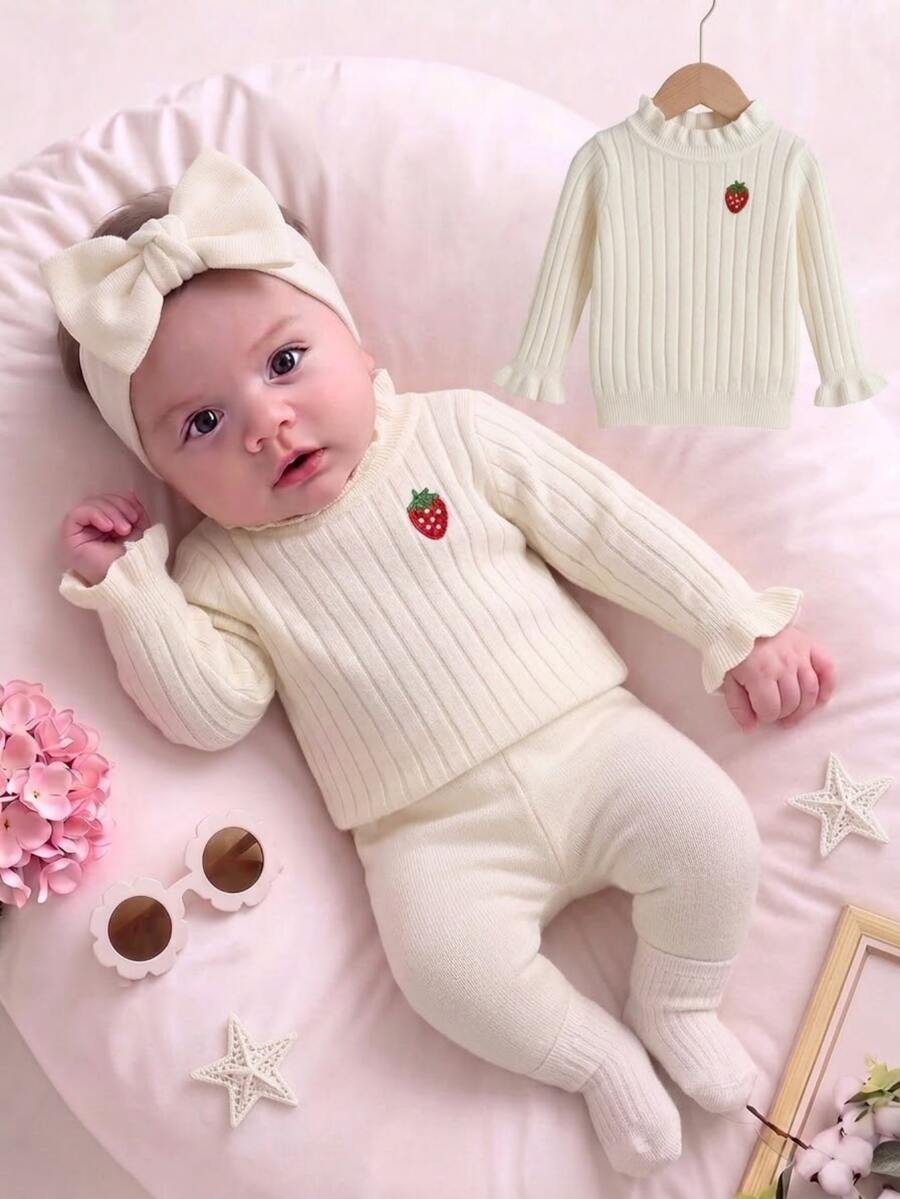 SHEIN Baby Girls Sweaters, Infant Toddler Pullover Frill Collar Knitted Long Sleeve Sweater, Suitable For Autumn/Winter, White/Cream Solid Color, Versatile, Daily Wear, Ribbed Ruffle Collar, Fashionable, Elegant, Suitable For Home, Daily, Outings, Travel - White - View 1