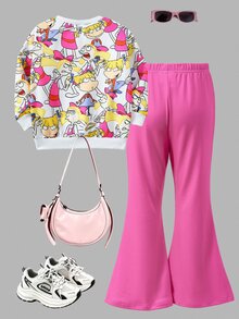 Nick 90s | SHEIN 1套女童Nick 90年代卡通印花圓領運動衫 + 桃紅色喇叭褲，休閒外出秋冬套裝 - 彩色 - 查看 2