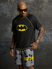 BATMAN X SHEIN Men's Summer Casual T-Shirt & Bat Print Shorts Set - Black - View 6