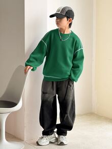 SHEIN 青少年男孩休閒韓系寬鬆百搭對比縫線聖誕綠圓領衛衣，適合通勤、上學、日常休閒外出與運動，秋冬款 - 墨綠色 - 查看 5
