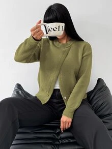 valorelle valorelle 灰色開衩袖圓領不對稱下擺精緻優雅設計時尚休閒百搭極簡風適合多種場合女款毛衣 - 橄欖綠 - 查看 3