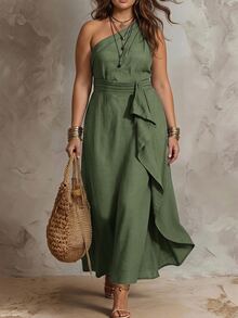 SHEIN Clasi Plus Size Women's Solid Color One Shoulder Sleeveless Patchwork Ruffle Elegant Vacation Dress - Mint Green - View 1