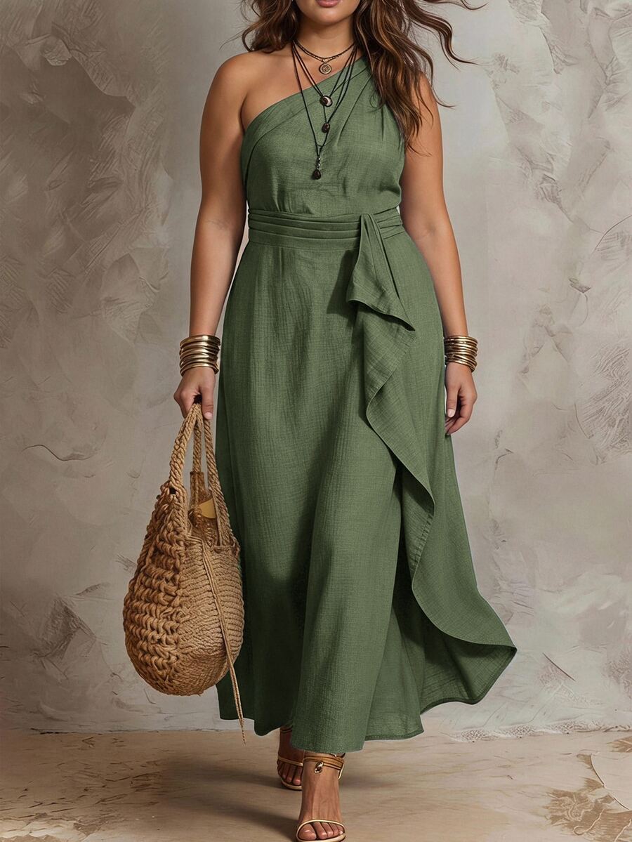 SHEIN Clasi Plus Size Women's Solid Color One Shoulder Sleeveless Patchwork Ruffle Elegant Vacation Dress - Mint Green - View 1