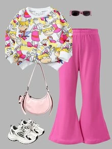 Nick 90s | SHEIN 1套女童Nick 90年代卡通印花圓領運動衫 + 桃紅色喇叭褲，休閒外出秋冬套裝 - 彩色 - 查看 1