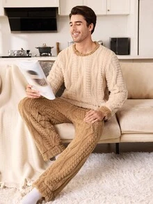 CoupledUp Men's Autumn/Winter Plush Colorblock Long Sleeve & Long Pants Loungewear Set - Apricot - View 5
