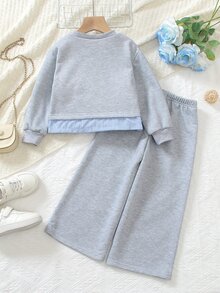 Elladie kids 女童韓系活力寬鬆灰色花卉衛衣 2合1蝴蝶結圖案兩件套 - 灰色 - 查看 2