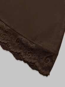 SHEIN Maillard Brown Cinched Cinched Waist Contrast Lace Flare Sleeve Mini Skirt - Coffee Brown - View 5