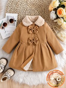 SHEIN 1件少女款毛絨領結裝飾保暖內裡風衣，秋冬保暖中長版外套 - 彩色 - 查看 3