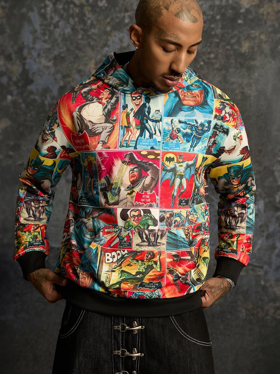 BATMAN X SHEIN Men's Movie Character Graphic Print Long Sleeve Hoodie - Multicolor - View 1