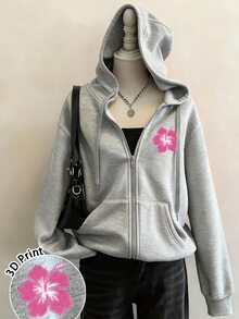 Attitoon 女款麻灰色拉鍊連帽外套－藍色3D花卉；復古；夏/秋；海灘/度假村；返校季 - 淺灰色 - 查看 1