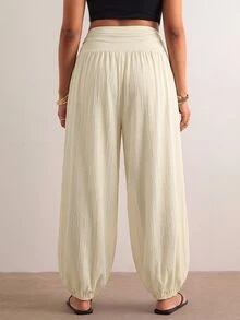 Freevana Plus Size Women Solid Color Pleated Casual Versatile Daily Wear Long Pants - Apricot - View 2
