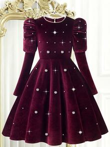 Tween Girl New Burgundy Velvet Round Neck Puff Long Sleeve A-Line Princess Birthday Dress With Pearl Flower And Beaded Embellishments Pearl Round Neck - Burgundy - View 5