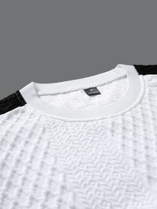 Manfinity Homme Men's Knitted Jacquard Solid Color Textured Collar Cuff Ribbed Hem Black & White Colorblock Pullover Sweatshirt - White - View 5