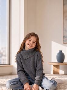 Autumn/Winter Girls' Design Pullover Sweater, Loose Fit Lapel 2 In 1 Asymmetrical Hem Grey Knit Top - Grey - View 7