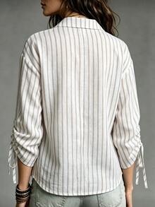 EMERY ROSE Autumn New Casual Loose Vertical Striped Plus Size Shirt, Drawstring Sleeve Design, Daily Commute And Outing Wear Fall - Apricot - View 2