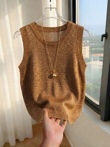 SHEIN 2026新款女款閃耀金針織背心上衣－圓領、羅紋袖口細節、短版剪裁，完美融合90年代復古魅力與極簡時尚，適合早午餐約會、夜晚外出及春夏日常穿著 - 巧克力棕 - 查看 3