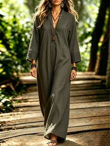Omancia Women's Long Sleeve Button-Up Loose Fit Dress - Black - View 5