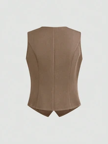 EMERY ROSE Women's Solid Color Single-Breasted Casual Blazer Vest - Khaki - View 2