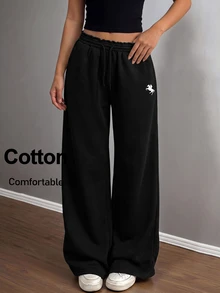 SHEIN Tween Girl Tween Girl Knight Embroidery Drawstring Waist Loose Casual Sweatpants - Black - View 1