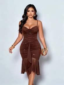 SOLERSUN Women Coffee Brown Glitter Ruched Bodycon Midi Dress Spaghetti Strap Cowl Neck Tie Front Sheer Mesh Ruffle Hem Cocktail Summer Sexy Elegant - Coffee - View 5