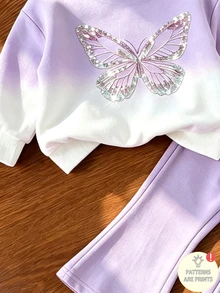 女嬰芋紫色漸層蝴蝶印花2件套，甜美圓領長袖衛衣，柔軟紫白漸層色，精緻蝴蝶圖案，羅紋袖口舒適耐穿，搭配修身喇叭褲，寬鬆不束縛，適合女嬰日常外出、上學、購物、旅行，秋冬款 - 彩色 - 查看 4