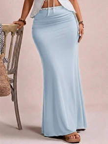 Freevana Rok Rajut Maxi A-Line Pas Badan Ukuran Besar untuk Musim Gugur/Dingin, Elegan, Romantis, Vintage, dan Pesta - Baby Blue - View 5