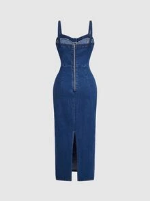 SHEIN MOD Plus Size Fashion Versatile Ruched Waist Back Slit Denim Dress - Blue - View 2