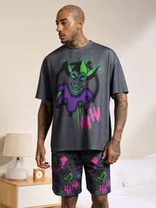JOKER X SHEIN Men's Cartoon Print Short Sleeve Top & Shorts Loungewear Set - Dark Grey - View 8