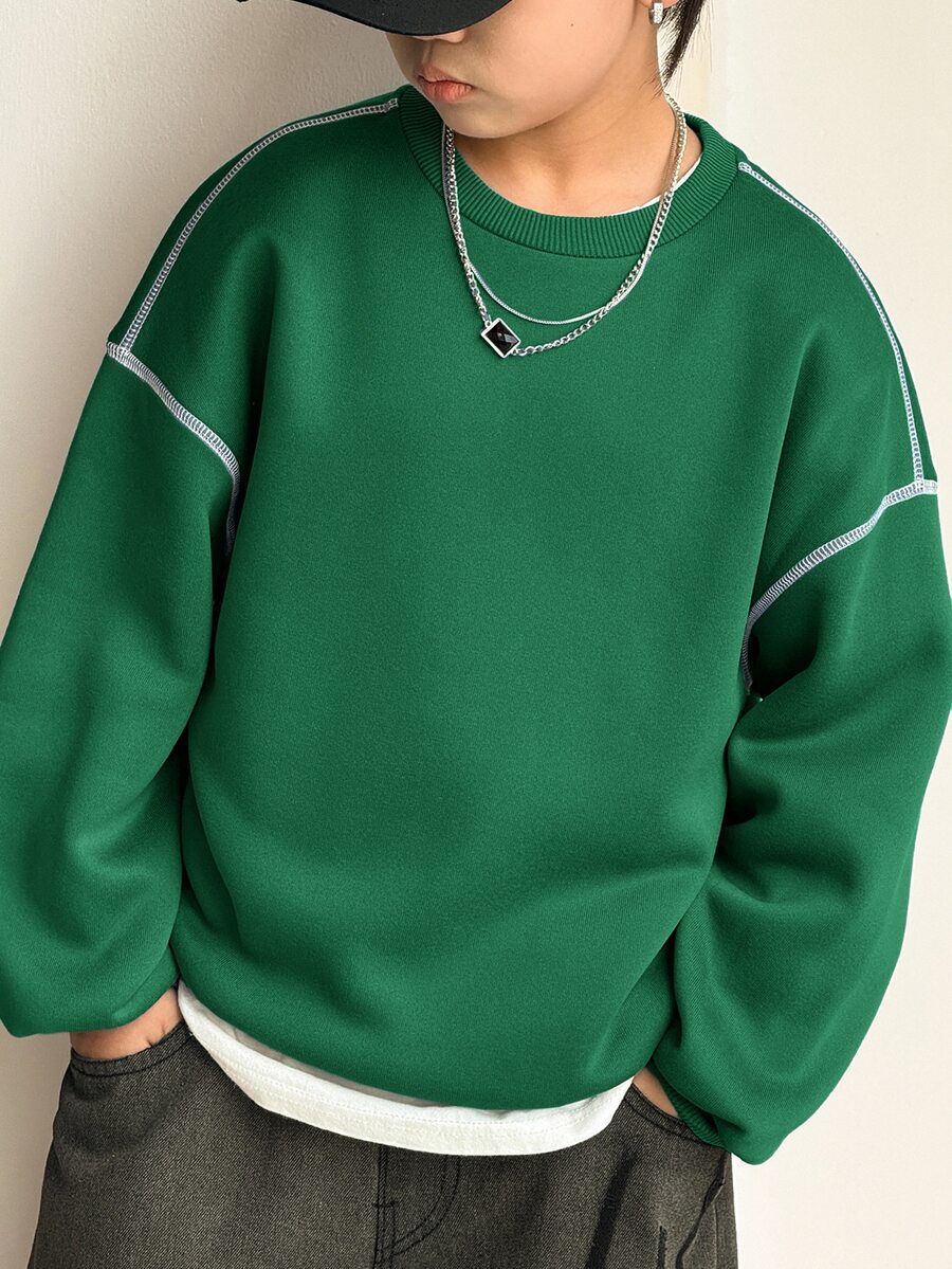 SHEIN 青少年男孩休閒韓系寬鬆百搭對比縫線聖誕綠圓領衛衣,適合通勤、上學、日常休閒外出與運動,秋冬款 - 墨綠色 - 查看 1