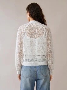 SHEIN Uhlyne Women's Elegant Fashion Hollow Embroidery Front Zipper Opening Small Stand Collar Long Sleeve Jacket, Fashionable Elegant Design Commuter Outfit White Top - White - View 3