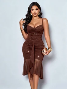 SOLERSUN Women Coffee Brown Glitter Ruched Bodycon Midi Dress Spaghetti Strap Cowl Neck Tie Front Sheer Mesh Ruffle Hem Cocktail Summer Sexy Elegant - Coffee - View 8