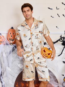CoupledUp Cartoon Halloween Element Print Faux Silk Men's Pajama Set - Apricot - View 2