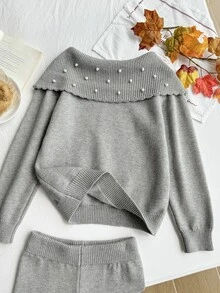 SHEIN طقم كنزة بأكمام طويلة مزينة باللؤلؤ الاصطناعي وبنطال محبوك للفتيات المراهقات - رمادي فاتح - مشاهدة 5