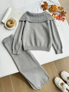 SHEIN طقم كنزة بأكمام طويلة مزينة باللؤلؤ الاصطناعي وبنطال محبوك للفتيات المراهقات - رمادي فاتح - مشاهدة 2