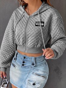 SHEIN EZwear Letter Graphic Drop Shoulder Drawstring Crop Hoodie,Long Sleeve Tops In Fall/Winter - Light Grey - View 5