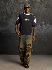 BATMAN X SHEIN Men's Summer Casual Colorblock Patchwork Bat Print T-Shirt - Black - View 7