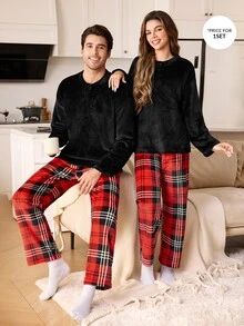 CoupledUp Men's Round Neck Button-Front Plush Long Sleeve & Long Pants Loungewear Set - Multicolor - View 7
