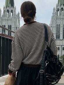 Modelyn 女款條紋圓領寬鬆落肩羅紋下擺休閒日常通勤百搭衛衣，秋冬款 - 彩色 - 查看 2