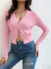 SHEIN 秋冬休閒百搭純色開襟毛衣 - 淺粉色 - 查看 6