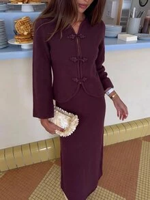 Aloruh Women's Ruyi Button Knit Sweater & Skirt Set - Burgundy - View 4