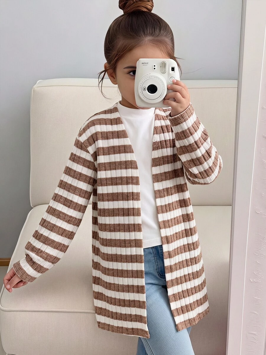 SHEIN 女童條紋休閒百搭日常穿搭開襟衫 - 黑色 - 查看 1
