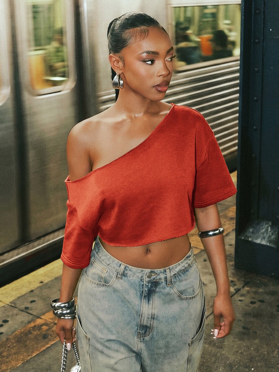 Denimoi Off Shoulder Raw Edge Crop Top Fashionable Streetwear Lounge Wear Everyday Wear - Rust Brown - View 1