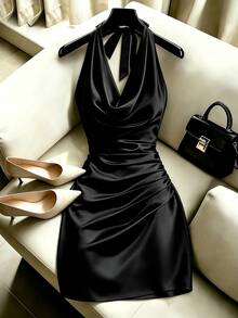 Selianne New Elegant Women's Solid Color Draped Neck Backless Dress, Fitted Waist, Tailored Fit. Suitable For Various Occasions Including Summer Vacation, Spring/Summer Commute, Home Leisure, Dating, Daily Wear, Party, Beach, Graduation Season And Office - Black - View 4