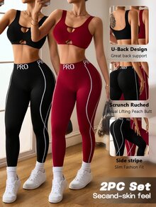 SHEIN Velisys Women's Cutout Sexy Tank Top And Striped Contrast Color Fitted Long Pants 4-Piece Sports Set - Multicolor - View 1