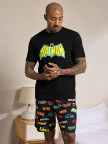 BATMAN X SHEIN Men's Short Sleeve T-Shirt And Shorts Loungewear Set - Black - View 8