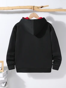 SHEIN 大童男孩休閒舒適拼接連帽字母圖案運動衫外套，適合春夏秋冬，適合戶外玩耍、學校、街頭風、派對與居家休閒，高 CP 值 - 黑色 - 查看 2