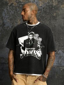 JOKER X SHEIN Men's Cartoon Character Print Short Sleeve T-Shirt - Black - View 5