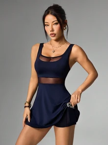 Slayform Slayform 女款純色對比網布無袖運動連身裙附短褲，日常健身穿著 - 藏蓝色 - 查看 5